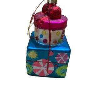 Glass Christmas Present Stacked Ornament Metallic Colors 4.5" tall 2.5" wide